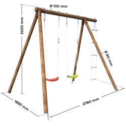 Portique en bois avec échelle et balançoire 3 agrès 2,22m - Arthur