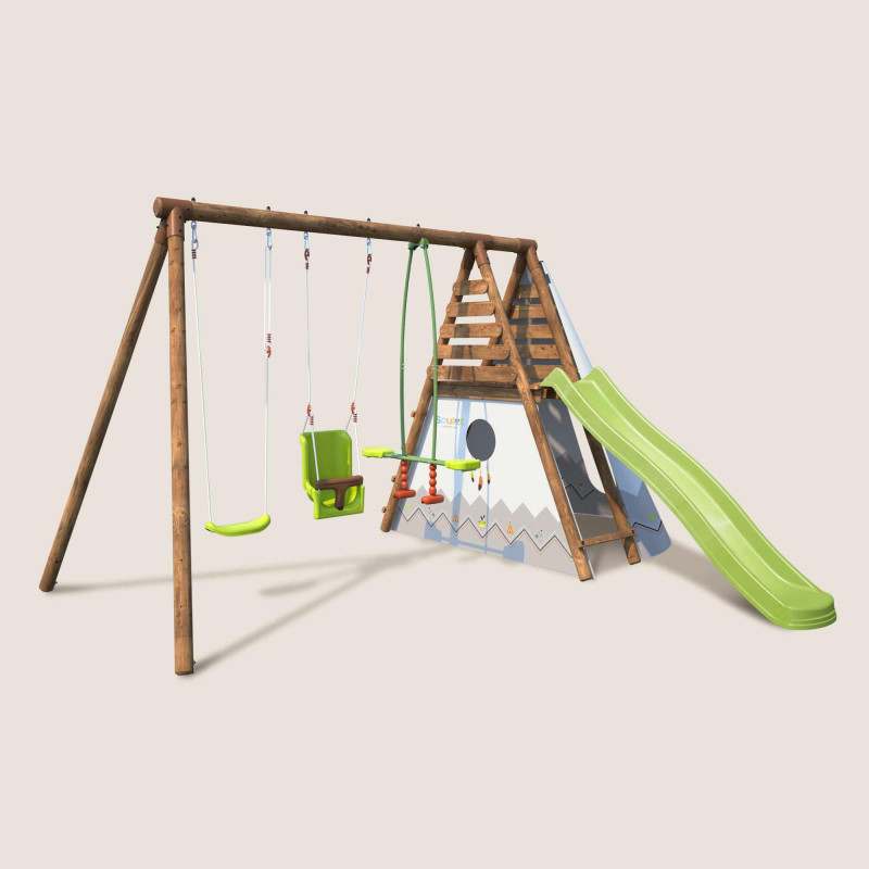 Portique bois 2,10 m avec balançoire et siège bébé en bois