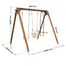 Portique balançoire en bois traité carré, Objectif Nature 3 agrès - Pierre - Dimensions