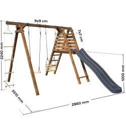 Balançoire avec toboggan en bois traité carré, Objectif Nature 3 agrès - Fleur